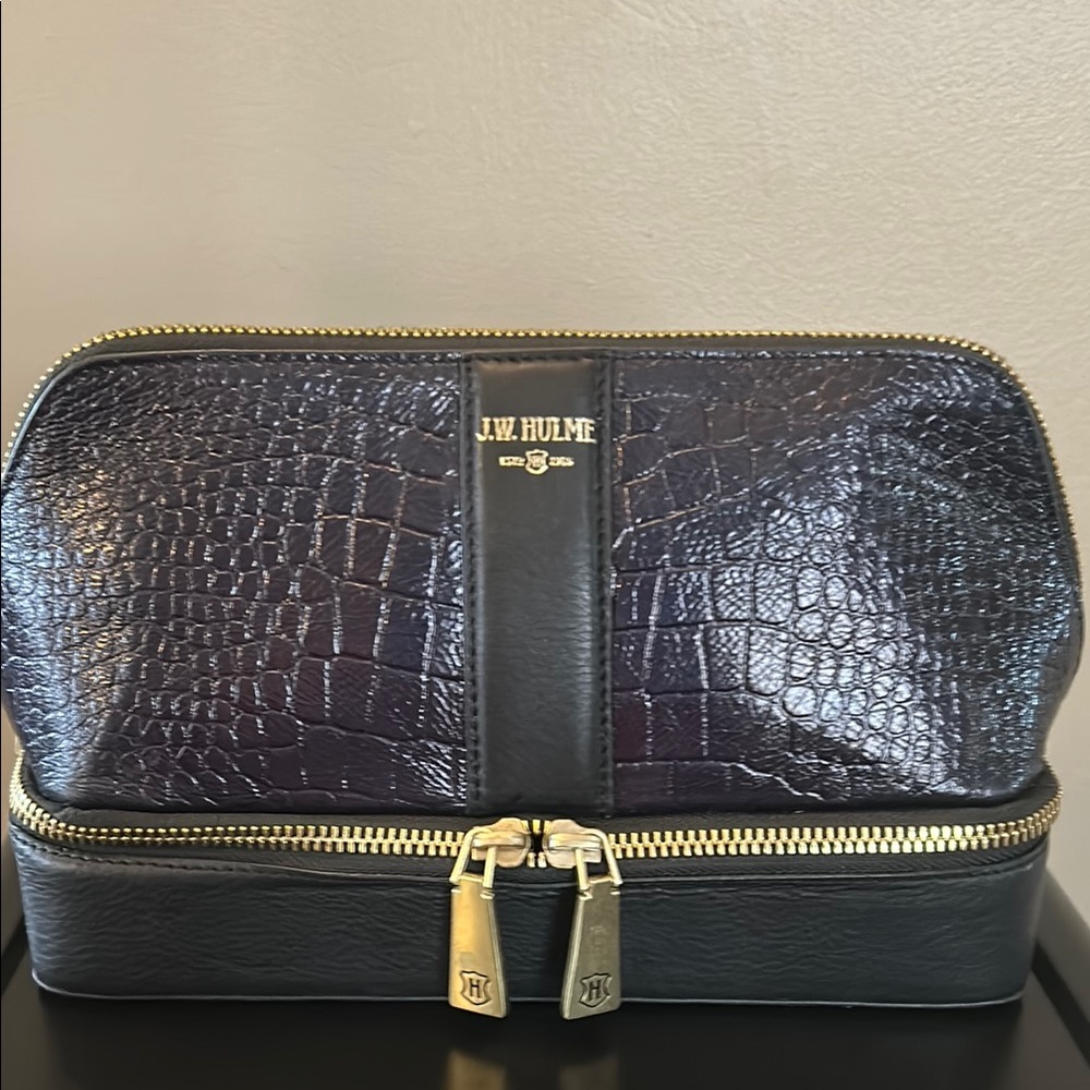 J. W. Hulme, Dark Navy Croc-Embossed Leather Double-Zip Cosmetic/Jewelry Case.